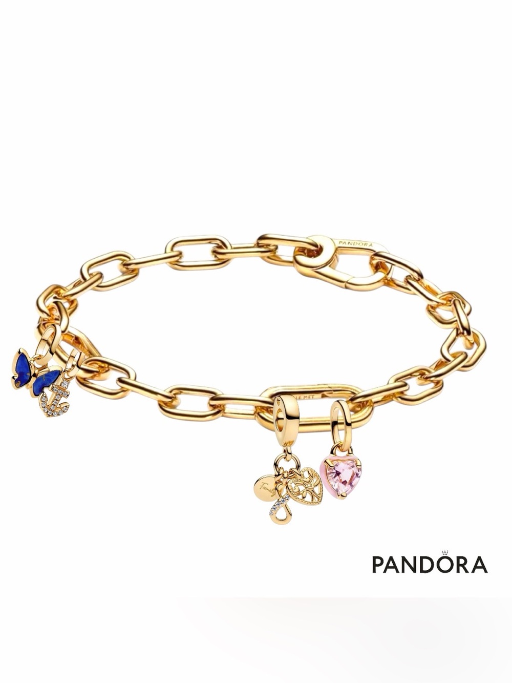 New-Pandora ME 14K Gold Plated Chain Bracelet w/4 Pandora Charms. MSRP $455